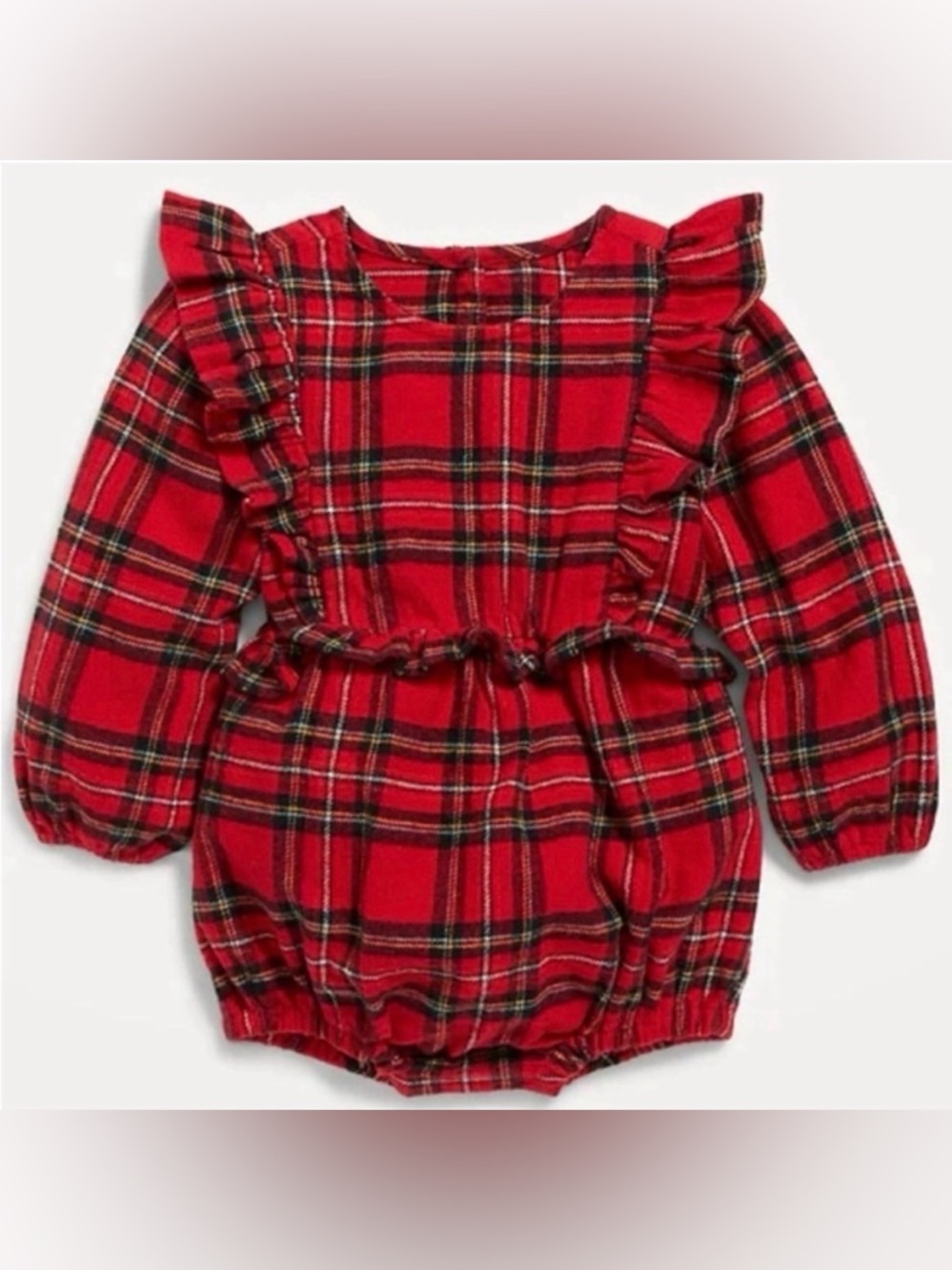 Christmas Toddler Long-Sleeve Ruffle-Trim Plaid One-Piece Romper